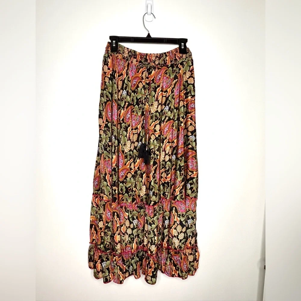 Philosophy Maxi Tiered Ruffle Skirt Sz M Paisley Floral Lagenlook Boho Peasant